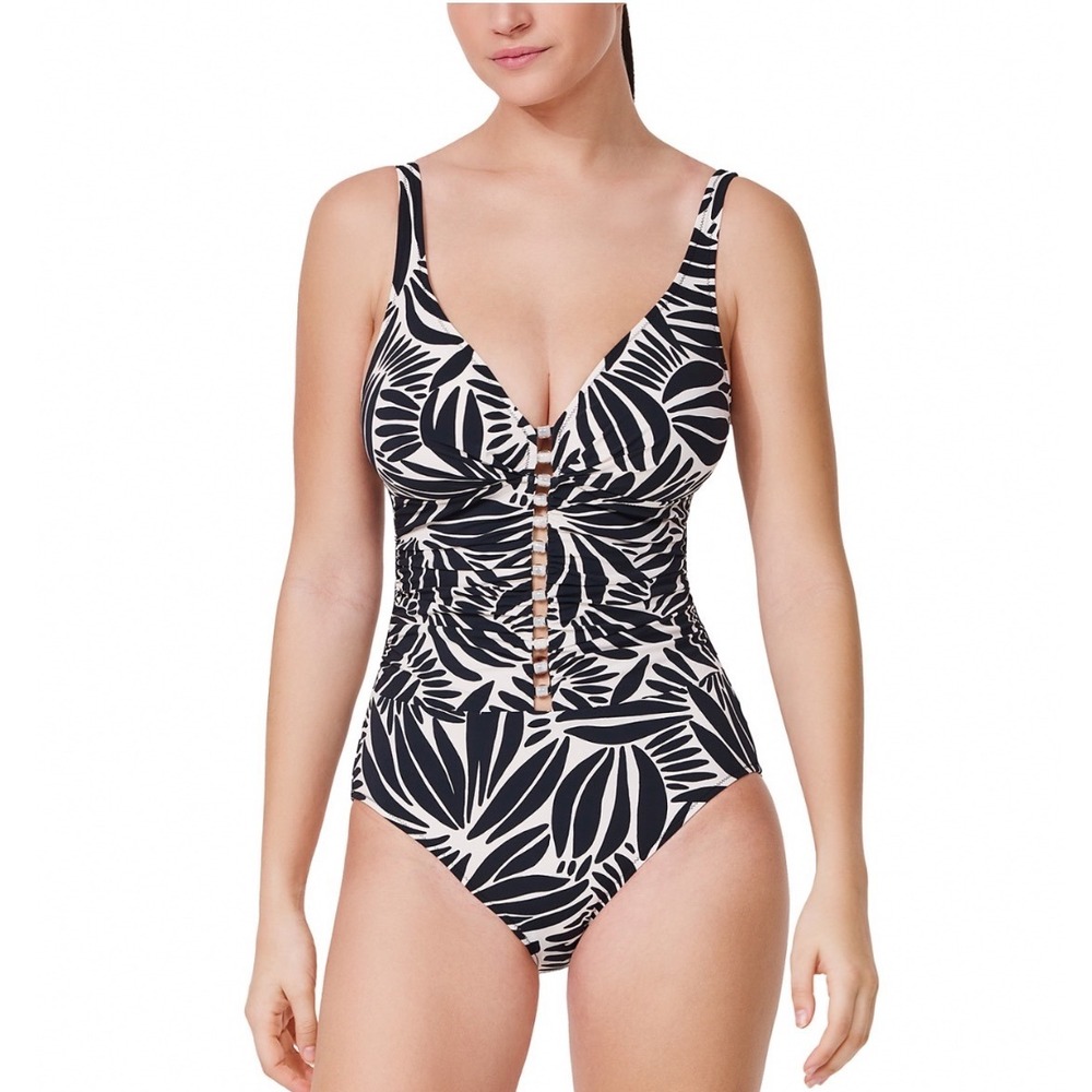 Profile by Gottex Come Back V Neck One Piece Swimsuit Black White Leaf Print 12D